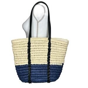 btb Los Angeles Rattan Dani Stripe Tote Shoulder Bag Blue Black Cream NWT